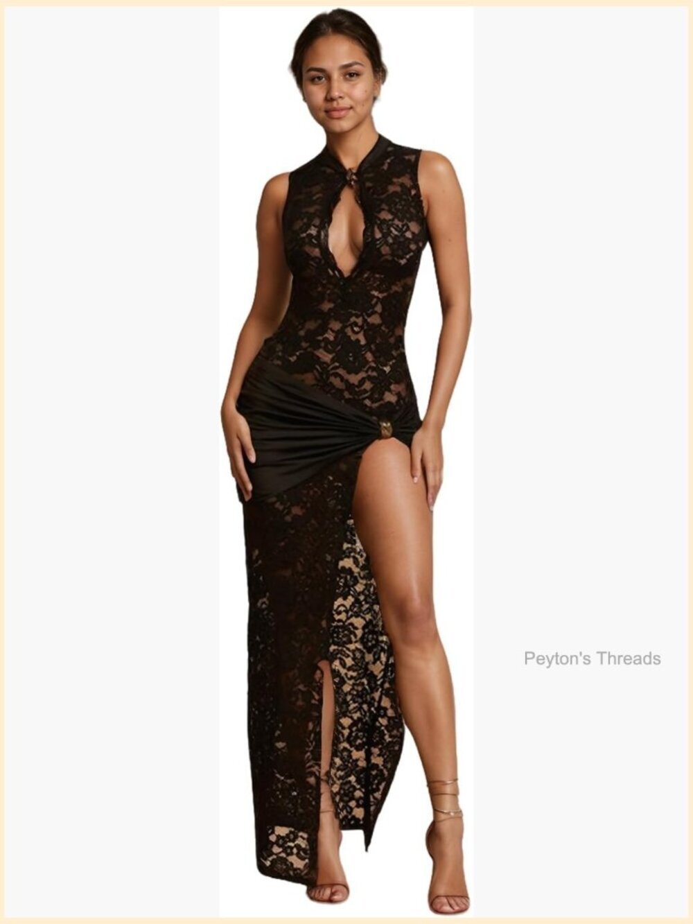 Lace Maxi Dress High Slit Bodycon Sleeveless Spaghetti Strap Party Wear